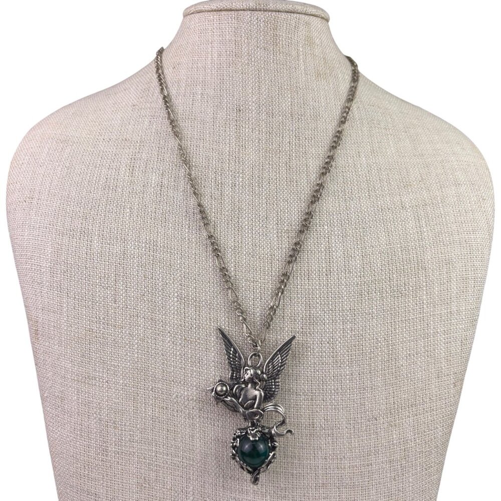 Silver Tone Unisex Winged Cherub Necklace With Green Gemstone Pendant